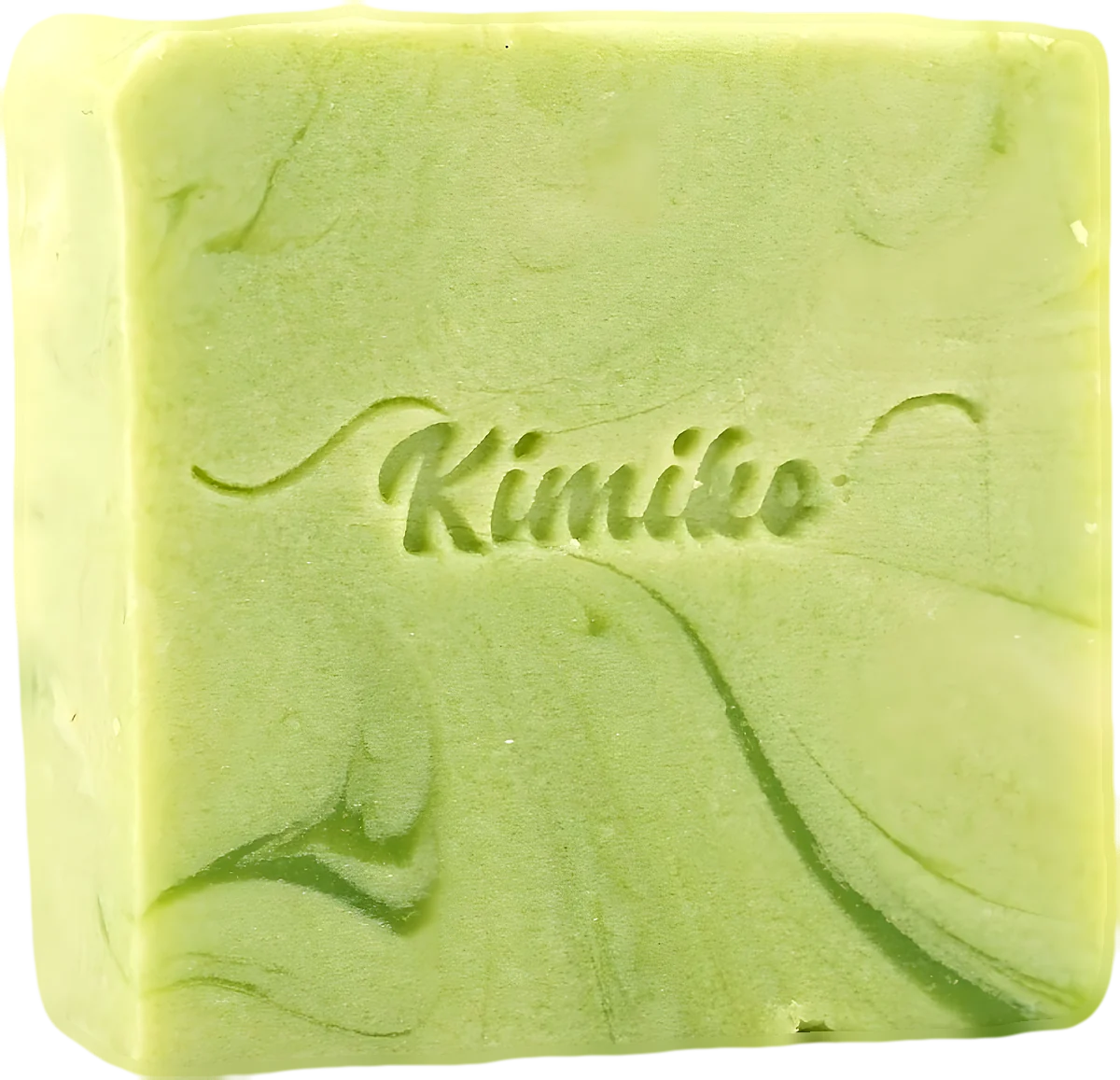 A pale green KIMIKO calamansi tawas soap bar with the Kimiko script pressed into it