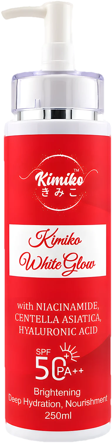 A bottle of KIMIKO White Glow Lotion, 250 mL