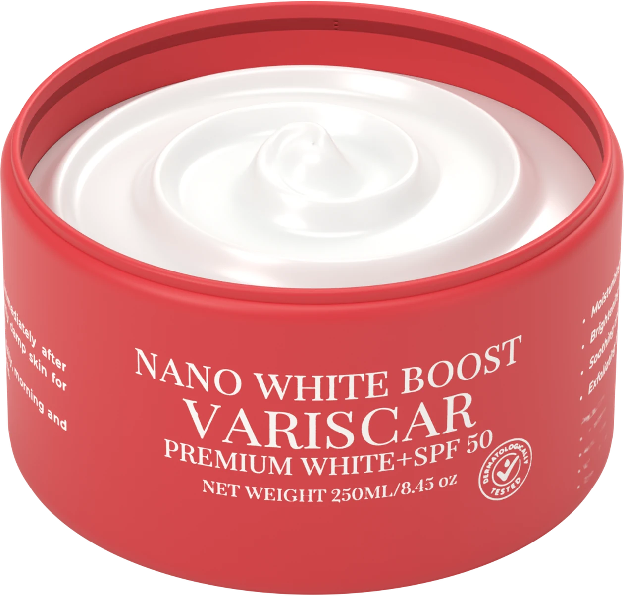 An open jar of Variscar Nano White Boost showing the cream inside